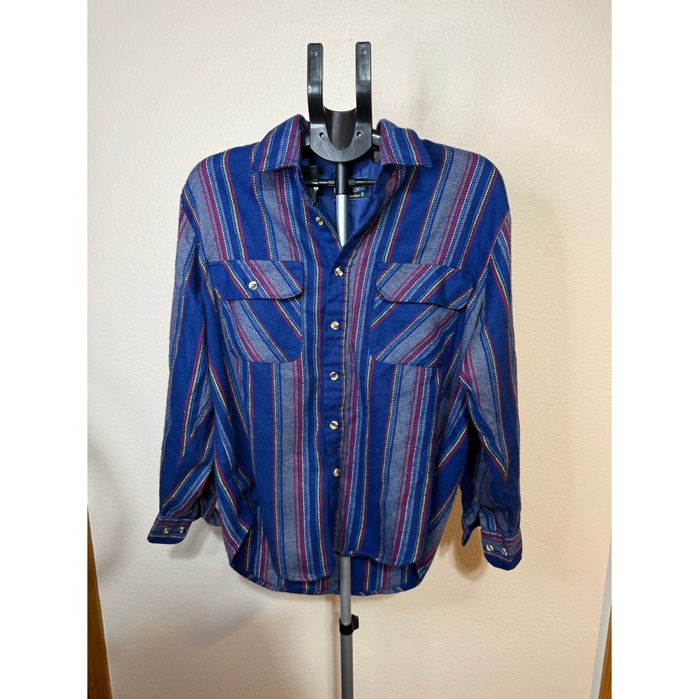 Fieldmaster Vintage Blue Striped Button Down Shirt‎ Acrylic Lined Mens XL